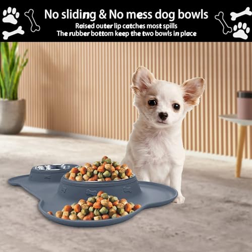Dog Food Bowls Stainless Steel Dog Food and Water Bowl Set, Dog Dishes No Spill Non Slip Silicone Mat, Dog Bowls for Small Medium Size Dogs Cat Puppy Pet Food Feeding Bowls, Grey, 12oz - color: Grey, size: 1½ Cup/12 oz each