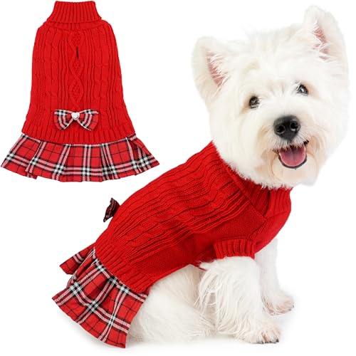 Hpetppy Dog Sweater Dress for Small Dogs Girl with Bowtie Winter Puppy Clothes Comfy Turtleneck Pet Pullover Knitwear for Female Doggie Chihuahua Yorkie (Red, S) - color: Red, size: Small (5-9lbs)