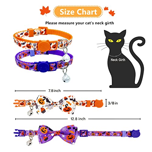 Halloween Cat Collar with Bell, Kitty Kitten Holiday Bow tie Collar Breakaway 2 Pack for Girl and Boys Male Female - color: Pattern A