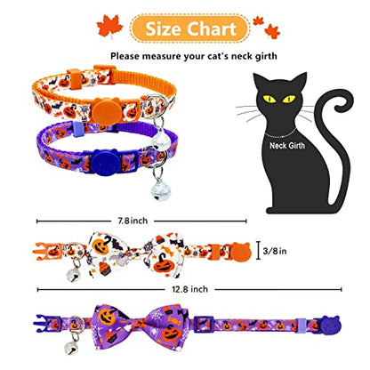 Halloween Cat Collar with Bell, Kitty Kitten Holiday Bow tie Collar Breakaway 2 Pack for Girl and Boys Male Female - color: Pattern A