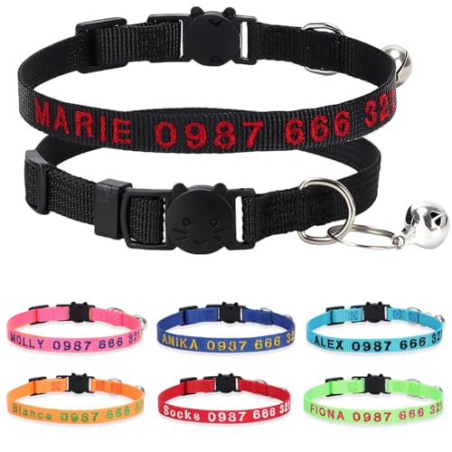 Personalized Cat Collars, Embroidered with Pet Name and Phone Number, Adjustable Nylon Breakaway Safety Release Buckle ID Collar,Custom Text with Bell for Cat or Kitten,Black - color: Black