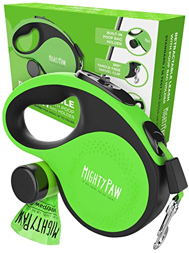 Mighty Paw Retractable Leash with Built-in Poop Bag Holder | 16' Long Retractable Dog Leash for Small Dogs, Medium Breeds & Large Pets with Tape for Quick Control. Poop Bags Included - color: Deluxe Green, size: 50 - 110 lbs
