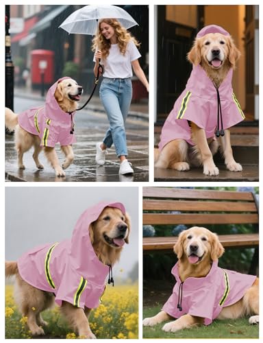 Dog Rain Coat, Waterproof Adjustable Dog Rain Jackets, Reflective Strap Pet Rain Coat with Leash Hole, Hooded Snowproof Windproof Clothes for Small Medium Dog Large - size: Large