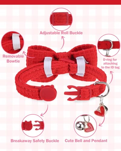 Cat Collar Breakaway with Bells, Soft Cotton Pink Cat Bowtie Collar for Girl Cats, Small Cats Collar with Bow for Spring Summer, 2 Pack Cute Kitten Collars with Removable Bowtie 8-12Inch - color: Red + Pink