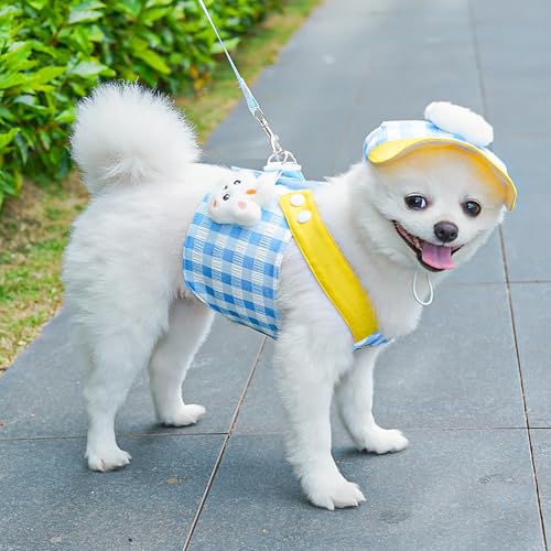 Dog Harness and Leash Set with Hat,No Pull Soft Mesh Pet Harness for Small Dog and Cat,Adjustable Step in Puppy Vest Harness,Cute Pet Clothes,Blue,3 Pcs Set