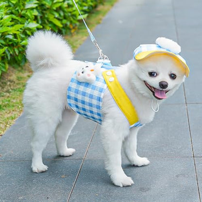 Dog Harness and Leash Set with Hat,No Pull Soft Mesh Pet Harness for Small Dog and Cat,Adjustable Step in Puppy Vest Harness,Cute Pet Clothes,Blue,3 Pcs Set