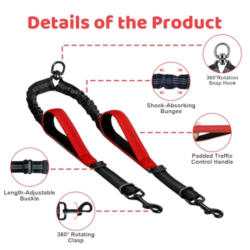 Double Dog Leash - No Tangle Splitter for Two Dogs, Coupler with Adjustable Long Lead Rope, Dual Control Handles, Retractable No Pull Bungee, Walk Train Small Medium Large 2 Pets (Red) - color: Red