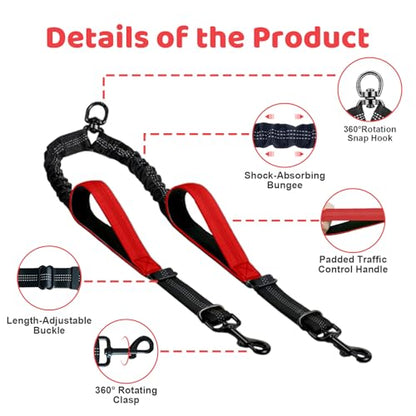 Double Dog Leash - No Tangle Splitter for Two Dogs, Coupler with Adjustable Long Lead Rope, Dual Control Handles, Retractable No Pull Bungee, Walk Train Small Medium Large 2 Pets (Red) - color: Red