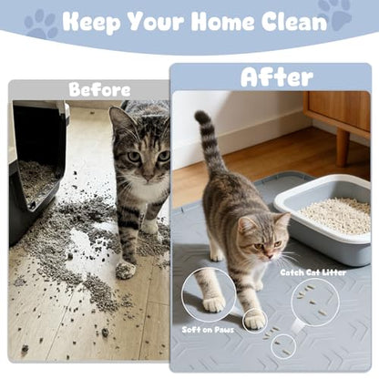 JUJOMAT Cat Litter Box Mat, 34"×22" Large Silicone Cat Litter Trapping Mat Non-Slip Gray Kitty Litter Mat for Indoor Cats, Waterproof Pet Food Mats Easy to Clean & Soft on Kitty Paws - size: 34"L x 22"W