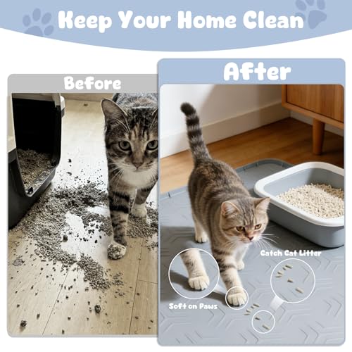 JUJOMAT Cat Litter Box Mat, 40"*28" Large Silicone Cat Litter Trapping Mat Non-Slip Gray Kitty Litter Mat for Indoor Cats, Waterproof Pet Food Mats Easy to Clean & Soft on Kitty Paws - size: 40"L x 28"W