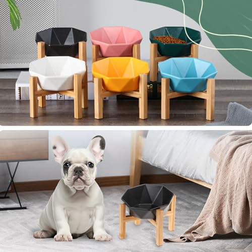 Green with Stand Ceramic Tilted Elevated Raised Pet Bowl with Bamboo Stand for Cats and Dogs No Spill Pet Food Water Feeder - color: Green with stand