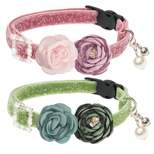 Cat Collars with Bell - 2 Pack Breakaway Floral Cute Cat Collars for Girl Boy Cats, Kitten, Puppy - Adjustable (7.5"-12.5") Soft Velvet Cat Collar Accessories - color: pink+green