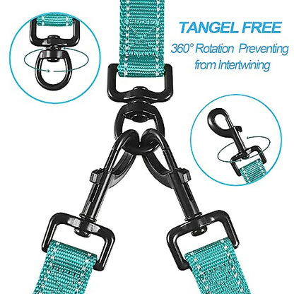 Double Dog Leash, No Tangle Dual Leash, Reflective Walking Training Lead, 4 Comfortable Padded Handles for 2 Dogs with Collapsible Bowl and Waste Bags (Turquoise, Large) - color: Turquoise