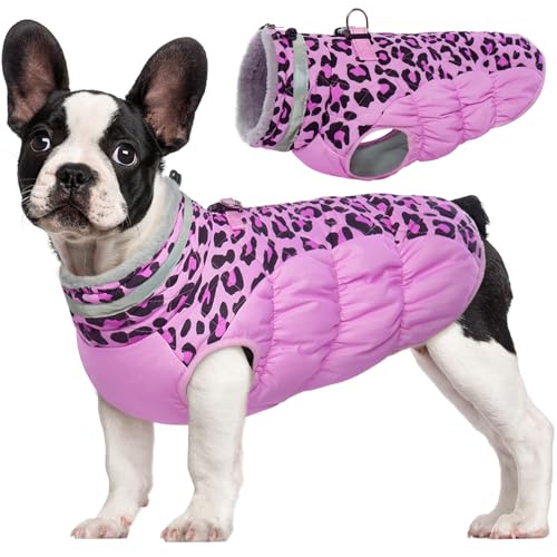 FUAMEY Dog Coat for Small Dogs,Waterproof Dog Winter Jacket with Harness Built in Puppy Cold Weather Coats Reflective Pet Vest with Zipper Warm Fleece Dogs Snowsuit Windproof Pink Leopard XS - color: Pink Leopard, size: XS(chest:14in)