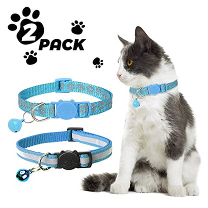 2 Pack Reflective Cat Collar Breakaway with Bell,Personalized Kitten Collars,Adjustable Safety Buckle Collar for Male Cats Girls & Boys (Sky Blue) - color: Sky Blue