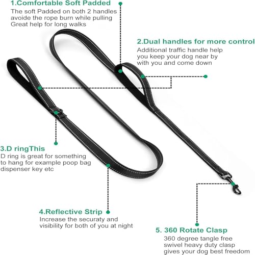 Heavy Duty No Pull Dog Leash for Large Medium Dogs, Dual Two Padded Handle Shock Absorbing Reflective Pet Leash, Adjustable Training Lead for Walking - Black