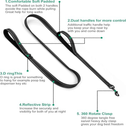 Heavy Duty No Pull Dog Leash for Large Medium Dogs, Dual Two Padded Handle Shock Absorbing Reflective Pet Leash, Adjustable Training Lead for Walking - Black