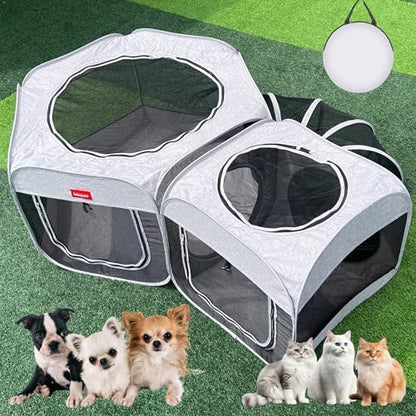 Portable Dog Playpen 2-Room with Tunnel, 3-in-1 Large Cat Crate Play Enclosure with Separate Areas, Foldable Pet Playpen for Puppy Kitten and Small Animals Indoor Outdoor - size: Large