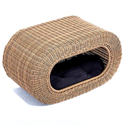 Fun Stackable Wicker Cat Hideaway House - Interactive Play Rattan Cat House for Indoor Cats Kitty, Pet Friendly Top/Side House Entry, Cat Bed Enclosed
