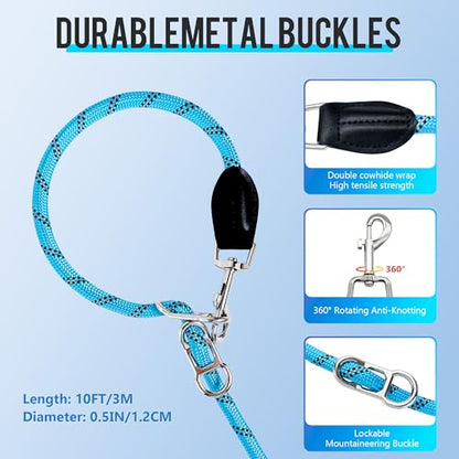 Hands Free Dog Leash, 10FT Adjustable Waist Leash for Walking, Reflective Nylon, Heavy Duty 1/2 Inch, Tangle Free No Pull for Large Medium Dogs Running Hiking, Blue