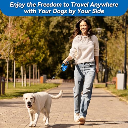 26ft Heavy Duty Retractable Dog Leash for Large Dogs, Dog Leash with Poop Bag Holder, Up to 100lbs, with LED Light, Chew Proof Cable, One-Handed Pause & Lock, 360° No Tangle. (Blue, 26Ft) - color: Blue