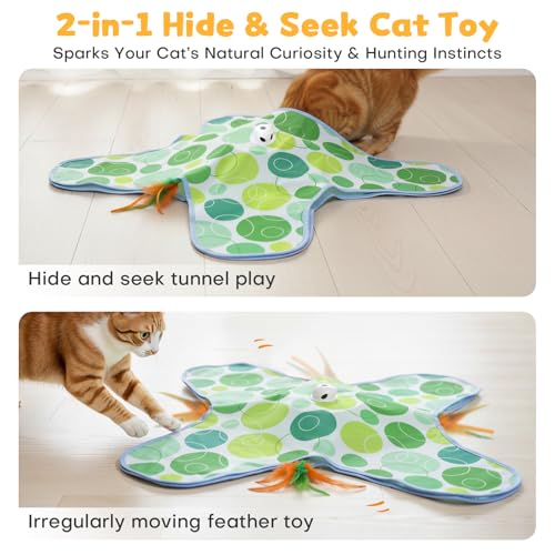Interactive Cat Toys for Indoor Cats, Hide and Seek Cat Toy, 2 in 1 Automatic Moving Concealed Feathers Cat Toy Mat, Non-Slip Suction, Touch Activated, USB Rechargeable, Green - color: Green
