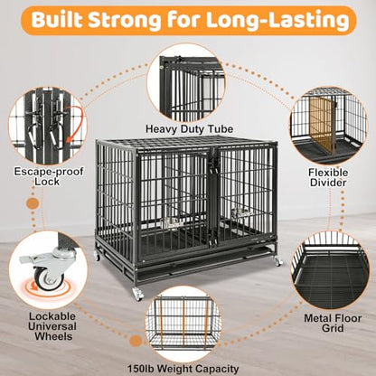 Homey Pet 43 Inch 2 Tiers Dog Crate Cage Kennel with Divider, Stackable Heavy Duty Dog Crate for Large Dogs, Escape Proof Indestructible Dog Kennel Indoor with Removable Tray, Lockable Wheels(3 Packs) - size: 43"L - 2 Tiers - 3 Pack