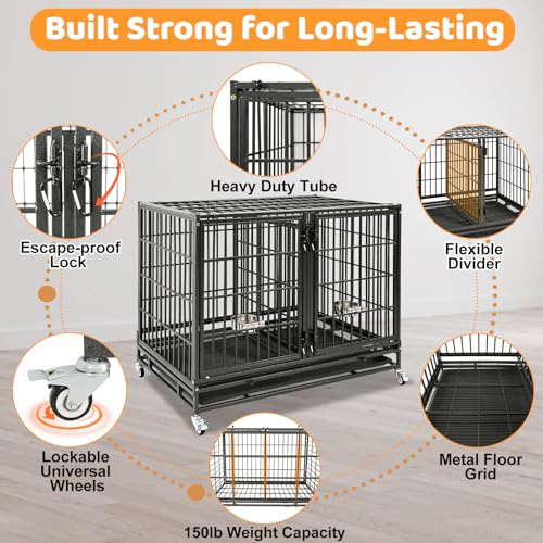 Homey Pet 43 Inch 2 Tiers Dog Crate Cage Kennel with Divider, Stackable Heavy Duty Dog Crate for Large Dogs, Escape Proof Indestructible Dog Kennel Indoor with Removable Tray, Lockable Wheels(6 Packs) - size: 43"L - 2 Tiers - 6 Pack