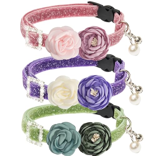 Cat Collars with Bell - 3 Pack Breakaway Floral Cute Cat Collars for Girl Boy Cats, Kitten, Puppy - Adjustable (7.5"-12.5") Soft Velvet Cat Collar Accessories - color: pink+green+purple
