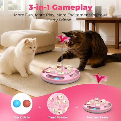 3 in 1 Cat Treat Puzzle Feeder, Level 3 Interactive Cat Puzzle Toy with Track Balls, Feather Teaser & Slow Feeder Insert, Non-Slip Base, Mental Stimulation for Bored Indoor Cats, Pink - color: Pink