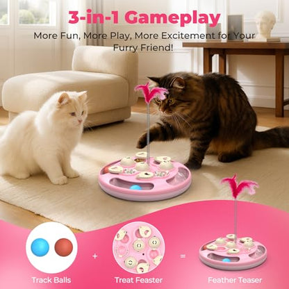3 in 1 Cat Treat Puzzle Feeder, Level 3 Interactive Cat Puzzle Toy with Track Balls, Feather Teaser & Slow Feeder Insert, Non-Slip Base, Mental Stimulation for Bored Indoor Cats, Pink - color: Pink