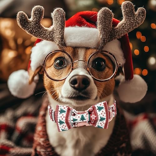Christmas Dog Collar with Bow Tie - Fair Isle Style Christmas Puppy Collar, Adjustable Metal Buckle Winter Bowtie Dog Collars for Small Medium Large Dogs XS - color: B-Fair Isle Style, size: XS