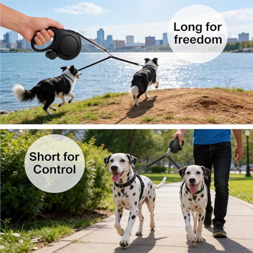 Dual Retractable Dog Leash 2 Large Dogs (Up to 66 Lbs Each), 2 Headed Pet Leash with Poop Bags, 16ft/5m Extension, Non-Slip Grip, One-Button Break & Lock, 360-degree Tangle-Free (Black, Medium) - color: Black, size: Medium