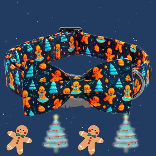 Elegant little tail Christmas Dog Collar, Blue Gingerbread Man Pet Collars Bow Red Metal Buckle Collar Puppy Girl Boy Holiday Cotton Soft Bowtie Adjustable Dog Collar for X-Small Dogs - color: Blue Gingerbread man, size: X-Small (Pack of 1)