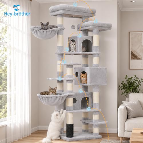 Hey-brother Cat Tree, 74 inches Multi-Level XL Large Cat Tower for Indoor Cats with Three Cat Condos, Two Large Top Decks and Cat Hairbrushfor Kittens, Cats and Pets, Light Gray MPJ035-MW - color: Light Gray