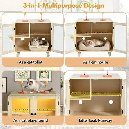 Merax Cat Hidden Litter Box Enclosure with RGB LED Light – Retro TV-Style Cat House Cabinet with Stairs, Pom-Pom Toys, Litter Leak Walkway & Glass Doors for Living Room,Beige - color: Beige