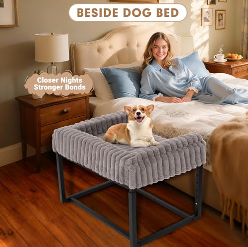 Beside Dog Bed,Adjustable Height Dog Bunk Beds,27.5''x 18''Metal Dogs Bed Frame with Washable Removable Corduroy Cover,Memory Foam Pet Bed with Sides,Medium - size: Medium