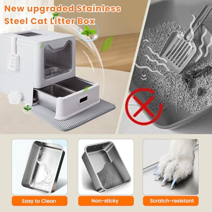 Stainless Steel Litter Box with Lid and Pull-Out Drawers, XL Metal Litter Box Top Entry for Big Cats, Leak-Proof Baffles for Easier Cleaning, with Litter Mat & Scoop - size: top entry