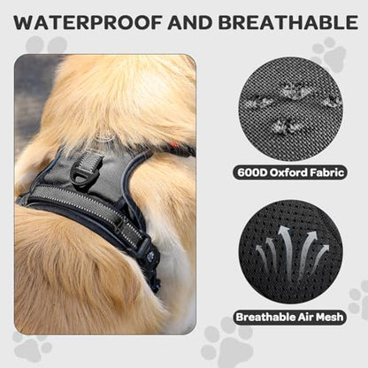 Plaid Dog Harness for Large Dogs, Reflective No Pull Adjustable Pet Vest with Front Clip, Leash, Easy Control Handle and Seat Belt, Black, L - color: Black, size: Large