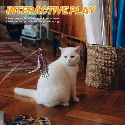 Plume-Like Teasing Cat Wand with Bell, 4pcs Replacement Heads, Strong Suction Base, Indoor Interactive Teaser for Cats and Kittens