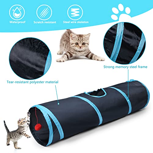 Sheldamy Cat Tunnel, 2-Way Collapsible Play Tunnel, Interactive Toy Maze for Small Animals, Suitable for Kittens, Puppies, Rabbits, Ferrets, Blue & Black - color: 2 Way Blue & Black