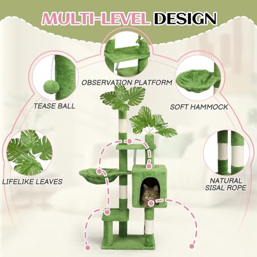 Outvita Cat Tree 48in Monstera Cat Tower with Leaves, Multi-Level Cat Tree Tower with Condo, Cozy Plush Hammock, Dangling Toy, Sisal Scratching Posts, Large Pet Activity Center for Indoor Cats, Green - size: 48" Green