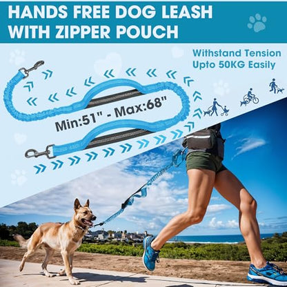 Hands Free Dog Leash with Waist Belt – No-Pull Bungee, Dual Padded Handles & Zipper Pouch for Running, Walking & Training – Adjustable Waist Leash for Large & Medium Dogs (Sky Blue) - color: Sky Blue