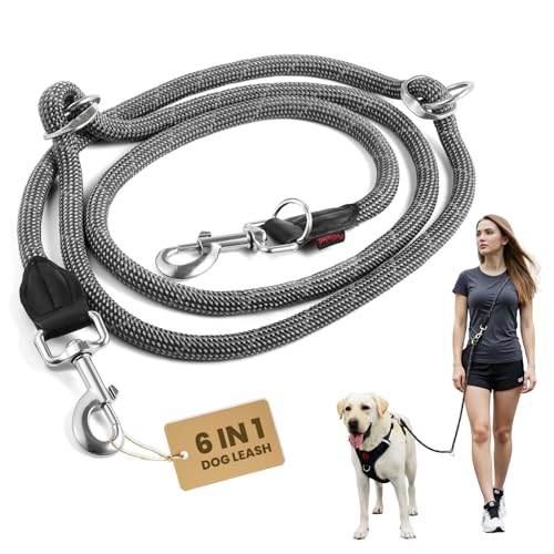 Hands-Free Dog Leash, 6.5ft Heavy Duty Reflective Nylon Leash with Dual Metal Hooks, Adjustable Crossbody & Waist Use for Walking, Jogging and Heel Training (Grey)