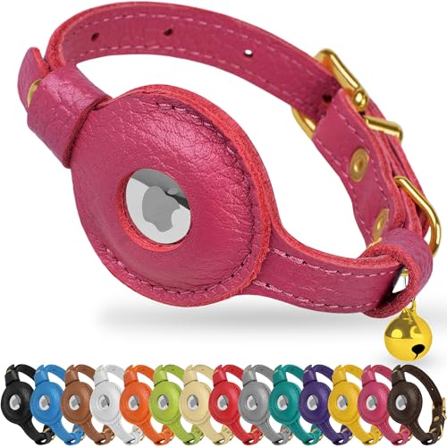 OOPSDOGGY Leather AirTag Cat Collar with Bell - Non Breakaway Kitten Collar with Apple Air Tag Holder - Lightweight GPS Pet Collars for Girl Boy Cats, Small Dogs, Puppies (Pink) - color: Pink