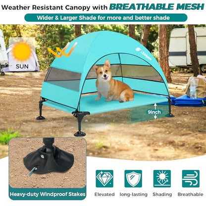 Windproof Elevated Dog Bed with Canopy & Stakes, 3-Sided 90% UV Block, Chew-Proof Teslin Mesh Mat for Large Dogs up to 150lbs(Blue Large) - color: Blue, size: Large
