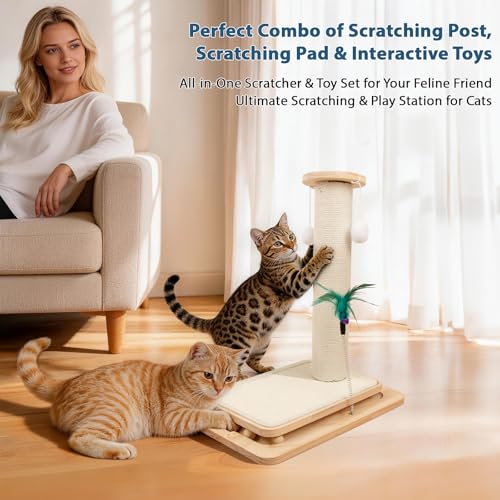 Cat Scratching Post, 5-in-1 Natural Sisal Cat Scratcher with Wood Base, Interactive Ball Track & Spring Feather Toy for Indoor Kittens Small Cats 18" - size: 18 inches