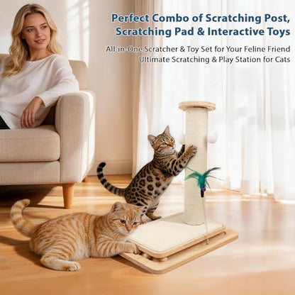 Cat Scratching Post, 5-in-1 Natural Sisal Cat Scratcher with Wood Base, Interactive Ball Track & Spring Feather Toy for Indoor Kittens Small Cats 18" - size: 18 inches