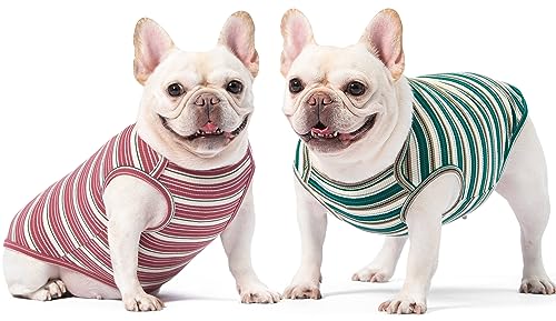 Dog Shirts Vest Cotton Striped T-Shirt, Sleeveless Stretchy Pet Clothes for Small Dogs, 2-Pack Soft Breathable Puppy Tank Top Cat Tee (Medium, Pine Green,Plum Red) - color: Pine Green,Plum Red, size: Medium