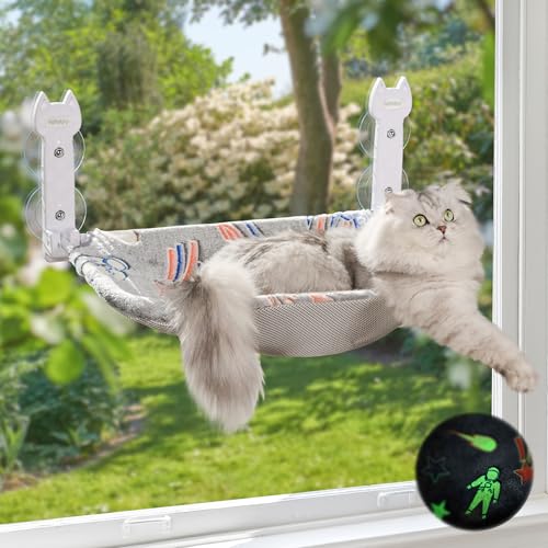 HiPetpy Cat Window Perch, Glow in The Dark Foldable Cat Hammock with Sunken Design & Removable Soft Cover, Breathable Cordless Window Bed for Resting Indoor Kitten (Shallow Perch, 1 Pack - M) - size: 1 Pack - M